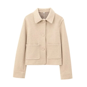 Cropped beige wool-like jacket with front buttons and pocket details in flat lay view