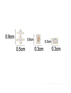 Size reference of three geometric S925 silver stud earrings with zirconia in gold finish