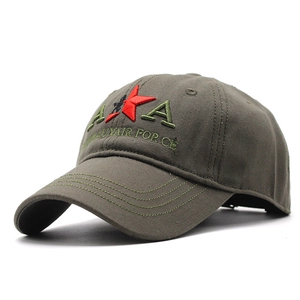 Military green tactical baseball cap with red star embroidery in a 45-degree angle view