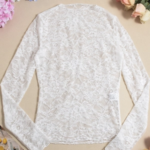Detail of white lace long sleeve top with floral pattern and delicate sheer texture