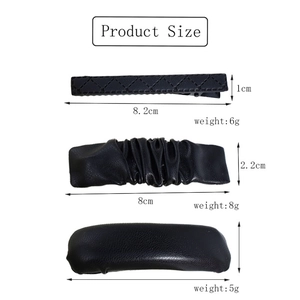 Detailed size guide for black PU leather hair clips showing textures and measurements