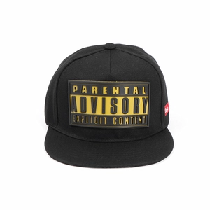Detail of snapback cap with Parental Advisory silicone patch and red side label