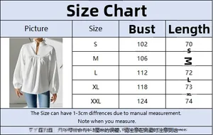 Detaillierte Größentabelle für elegante weiße Rüschenbluse mit V-Ausschnitt S-XXL