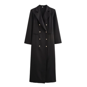 Women Double Breasted Trench Coat Long Loose Suit Collar Gold Buttons Padded Shoulder Street Style Outerwear Jacket