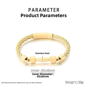 Macro shot of gold stainless steel cable bracelet with 65x6mm inner diameter measurement