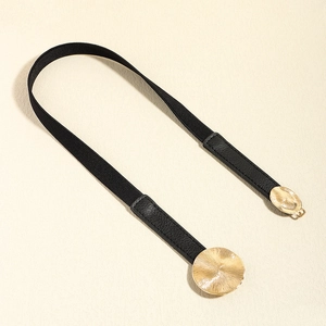 Detail of black elastic belt featuring round golden metal buckle with brushed texture