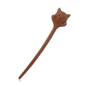 Handcrafted dark brown sandalwood hair stick featuring a cute carved cat head topper