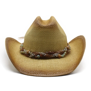 Vintage Western Cowboy Straw Hat Ethnic Beaded Wide Brim Summer Sun Beach Travel Accessories For Men Women