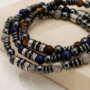 Bracelet multicouche pour homme en oeil de tigre, lapis-lazuli et hématite magnétique