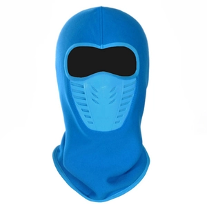 Close-up of winter fleece ski mask with breathable vent and eye opening in bright blue