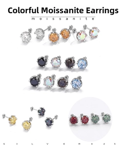 Detailed close-up of colorful round moissanite stud earrings in S925 sterling silver