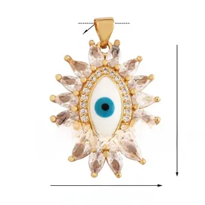 Macro detail of Evil Eye charm with blue zircon stones and gold plating dimensions