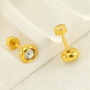 Detailed view of gold plated screw back stud earrings with sparkling round zirconia