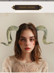 Model wearing DIY detachable horn headband for Halloween cosplay and holiday party accessory
