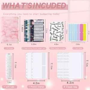 Detailed accessory list for A6 pink marble PU binder with zipper bags and budget cards