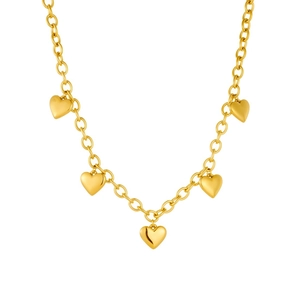 Chunky gold chain necklace featuring five polished heart pendants on white background