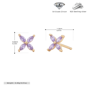 Detailed view of gold 925 silver clover earrings with purple zircon including measurements