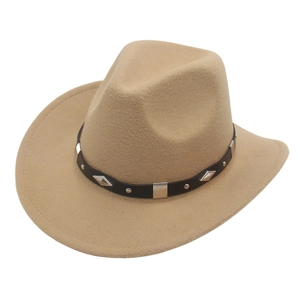 Western Cowboy Hat Wool Felt Fedora With Faux Leather Band Metal Studs Wide Rolled Brim Retro Unisex Outwear Accessory