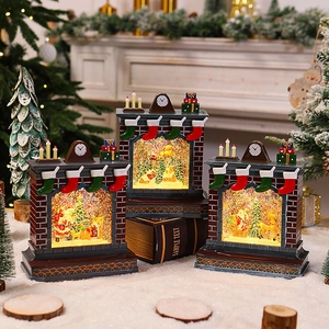 Christmas fireplace snow globe with Santa and reindeer scene, warm LED light decor
