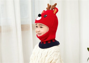 Detail of red knit kids deer hat with integrated neck warmer for winter warmth