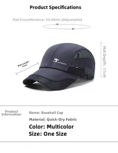 Quick-dry mesh cap size guide showing 55-60cm adjustable strap and 7.5cm sun visor length