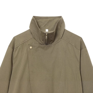 Olive green cropped high neck trench jacket with metal zipper and belted detail