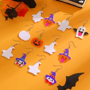 Colorful Halloween acrylic earrings featuring cute pumpkin, ghost, and bat cartoon designs