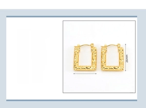 Detailed view of rectangular 18K gold plated stainless steel hoop earrings with hammered texture