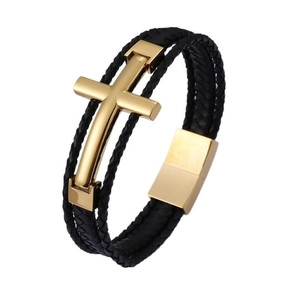 Men's multilayer black braided leather bracelet with golden cross and magnetic buckle