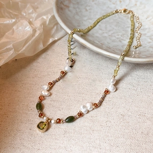 Vintage 18k gold plated necklace with green gemstone, freshwater pearls and beads