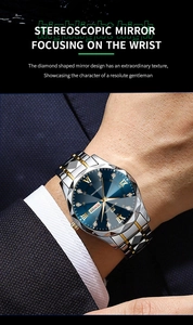 Detail view of a men's business watch with a blue dial and diamond-cut glass on the wrist