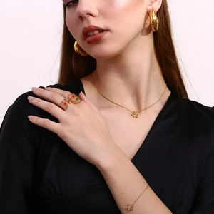 18K gold plated stainless steel snake chain jewelry set with floral pendants and rings