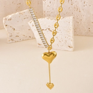 Gold heart fringe necklace with asymmetric coffee bean chain and rectangle zircon stones
