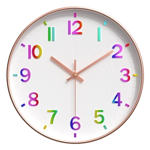 Modern 30cm wall clock with rose gold frame and 3D rainbow gradient numbers on white dial