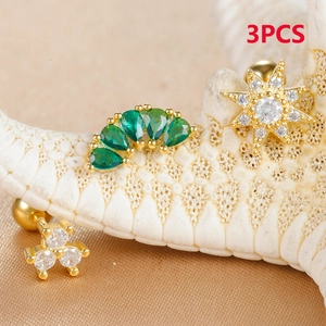 3PCS gold stainless steel ear stud set featuring star, arc, and triangle zircon designs