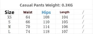 Detailed size chart for women's loose casual trousers with measurements in centimeters