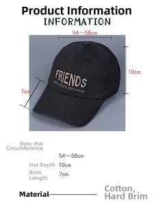 Detailed size chart for black cotton baseball cap with Friends embroidery and measurements