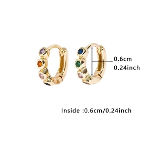 Detail view of 6mm gold hoop earrings with multi-color zircon and size dimension markings