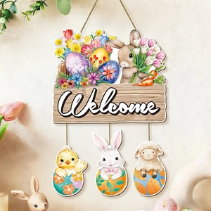 Easter wooden welcome sign featuring watercolor bunny motifs and hanging animal ornaments
