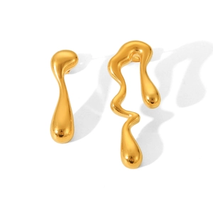 Detail of asymmetrical 18K gold plated stainless steel irregular liquid drip earrings