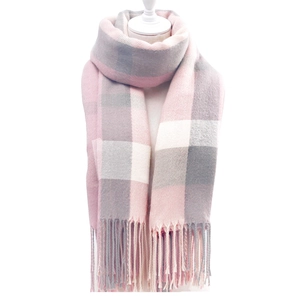 Winter plaid scarf with pink and grey check pattern and tassels for women and men