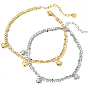 Bracelet de cheville double couche en acier inoxydable avec pendentifs cœurs 3D