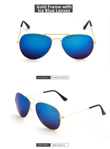 Classic aviator sunglasses with gold metal frames and ice blue mirrored lenses detail