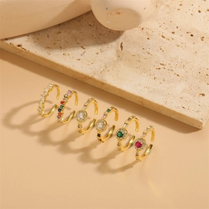 Adjustable gold open rings set with colorful zircon stones in various geometric shapes