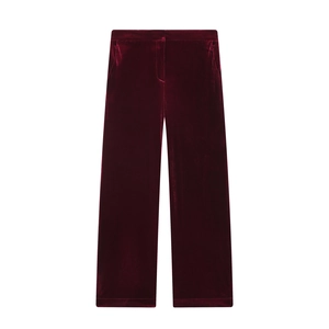 Eleganti pantaloni in velluto bordeaux a gamba larga da donna, modello a vita alta