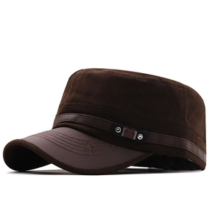 Dark brown military flat top cap in canvas and leather with FS fashion metal badge