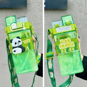 Front and back detail of a green panda water bottle with adjustable strap and straw
