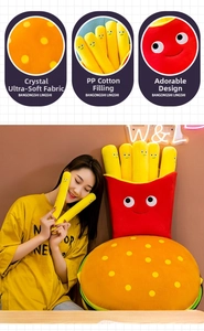 Detail of plush french fries toys and hamburger pillow made of soft crystal fabric