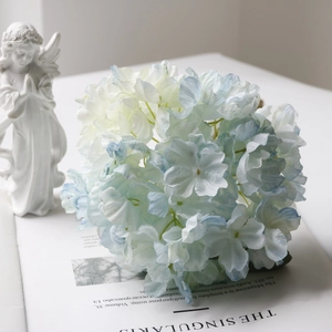Close-up of a blue and white vintage hydrangea flower head on an open book page