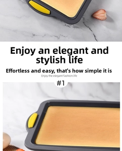 Rectangle metal brownie pan with yellow silicone handles and baked sponge cake